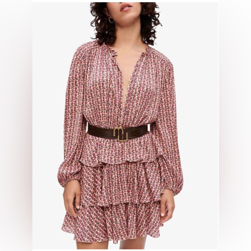 MAJE Flounced Printed Flowing Mini Dress Size 42 Color Dark Pink